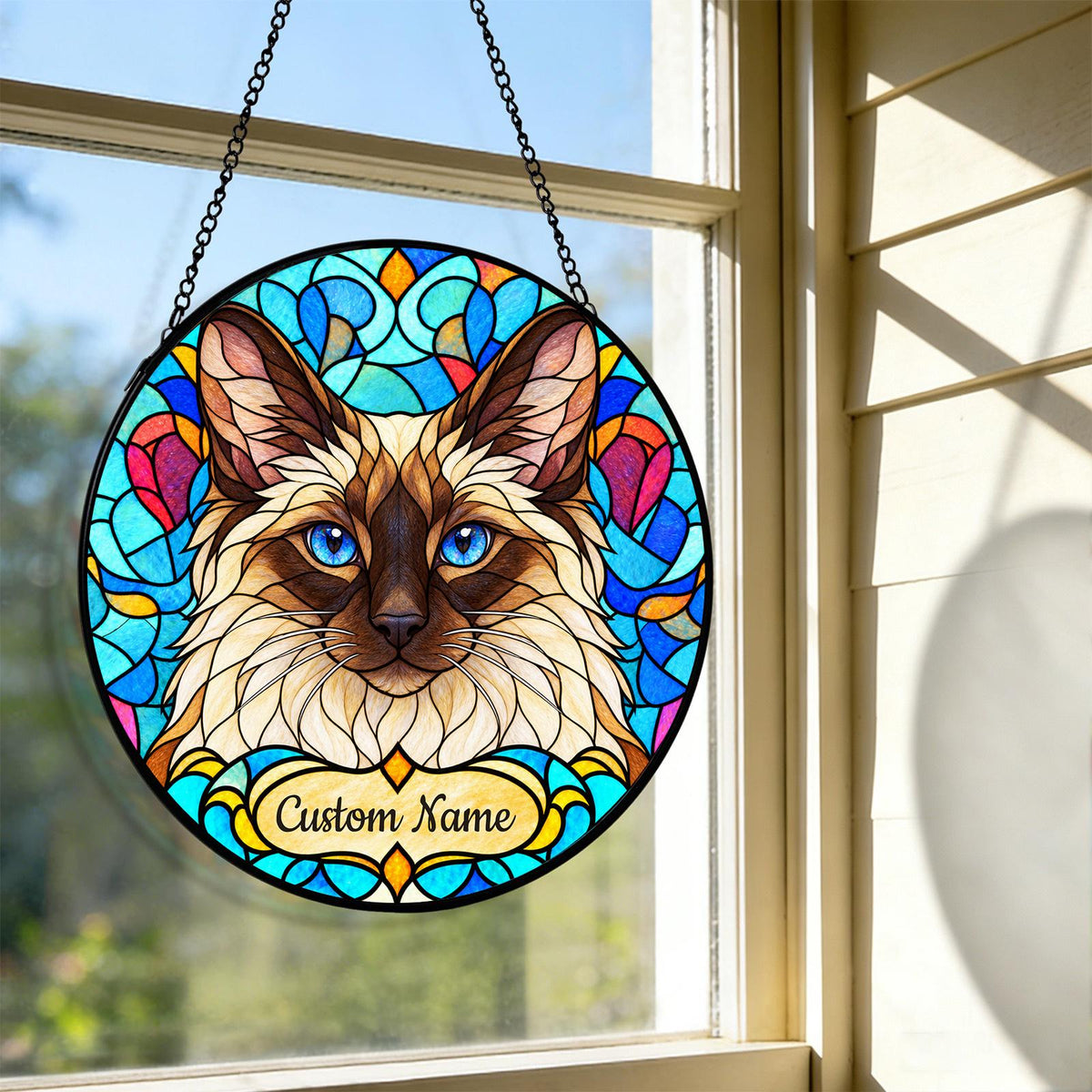 Personalized Balinese Cat Suncatcher, Custom Name, Floral Stained Glass Window Hanging