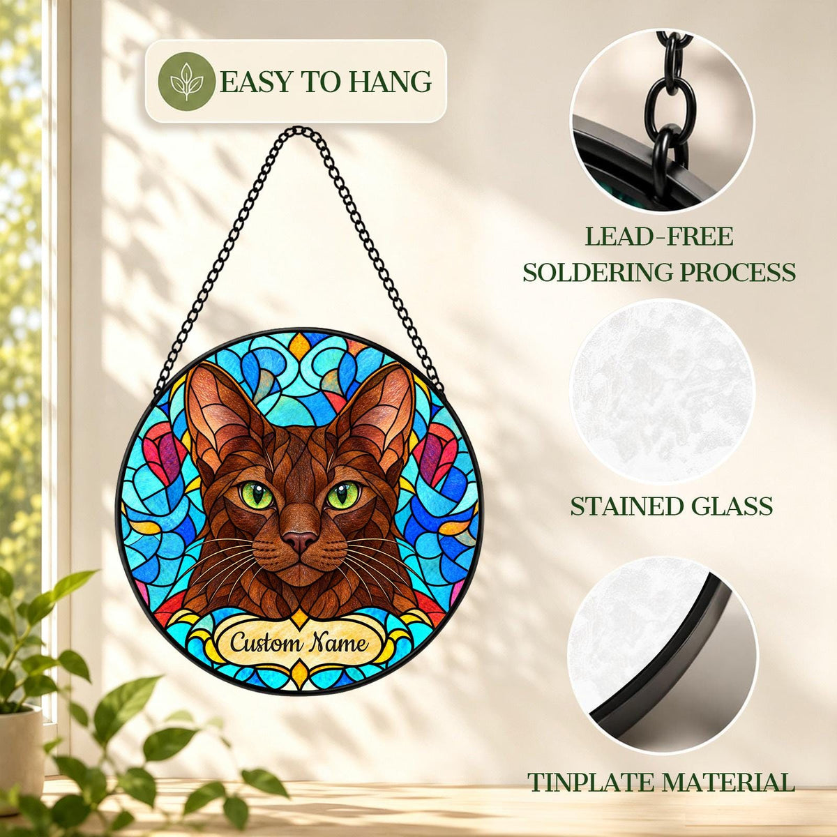 Personalized Havana Brown Cat Suncatcher, Custom Name, Floral Stained Glass Window Hanging