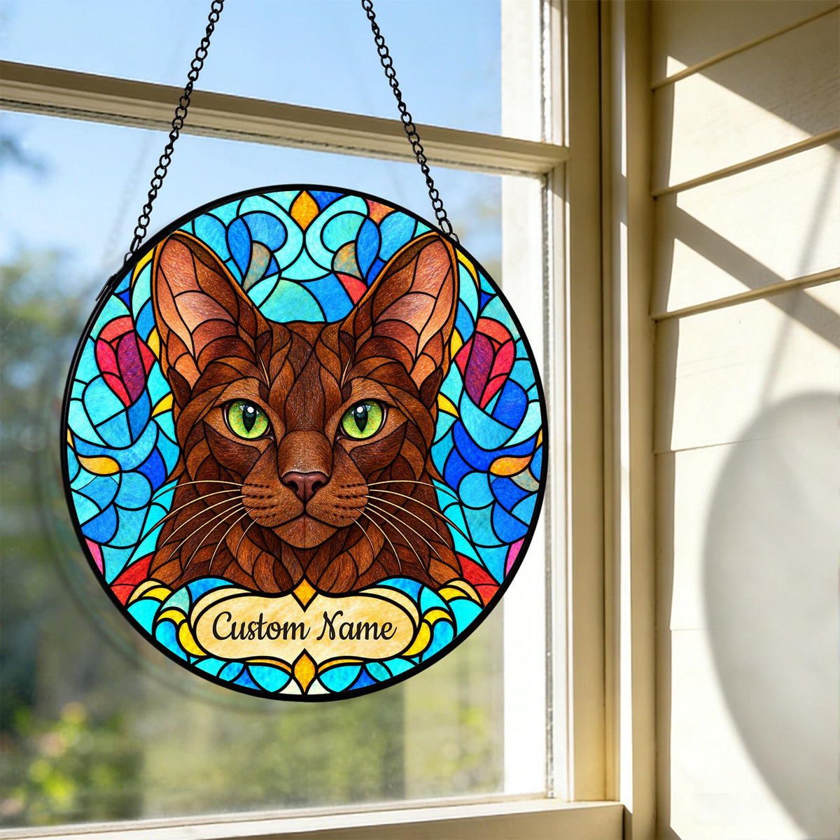 Personalized Havana Brown Cat Suncatcher, Custom Name, Floral Stained Glass Window Hanging