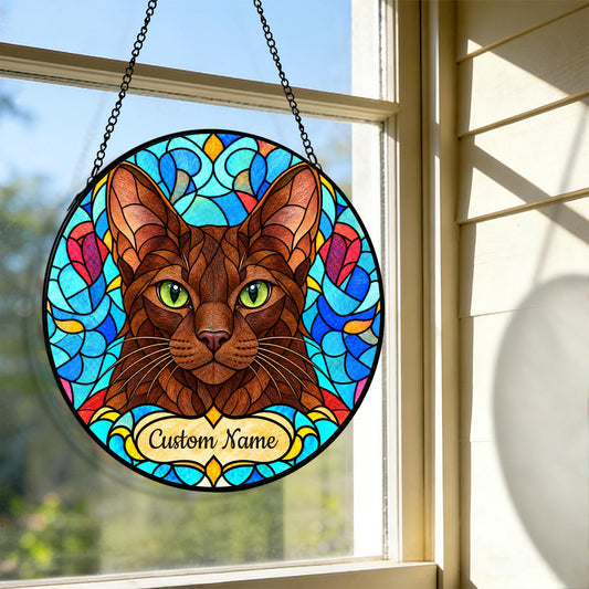 Personalized Havana Brown Cat Suncatcher, Custom Name, Floral Stained Glass Window Hanging