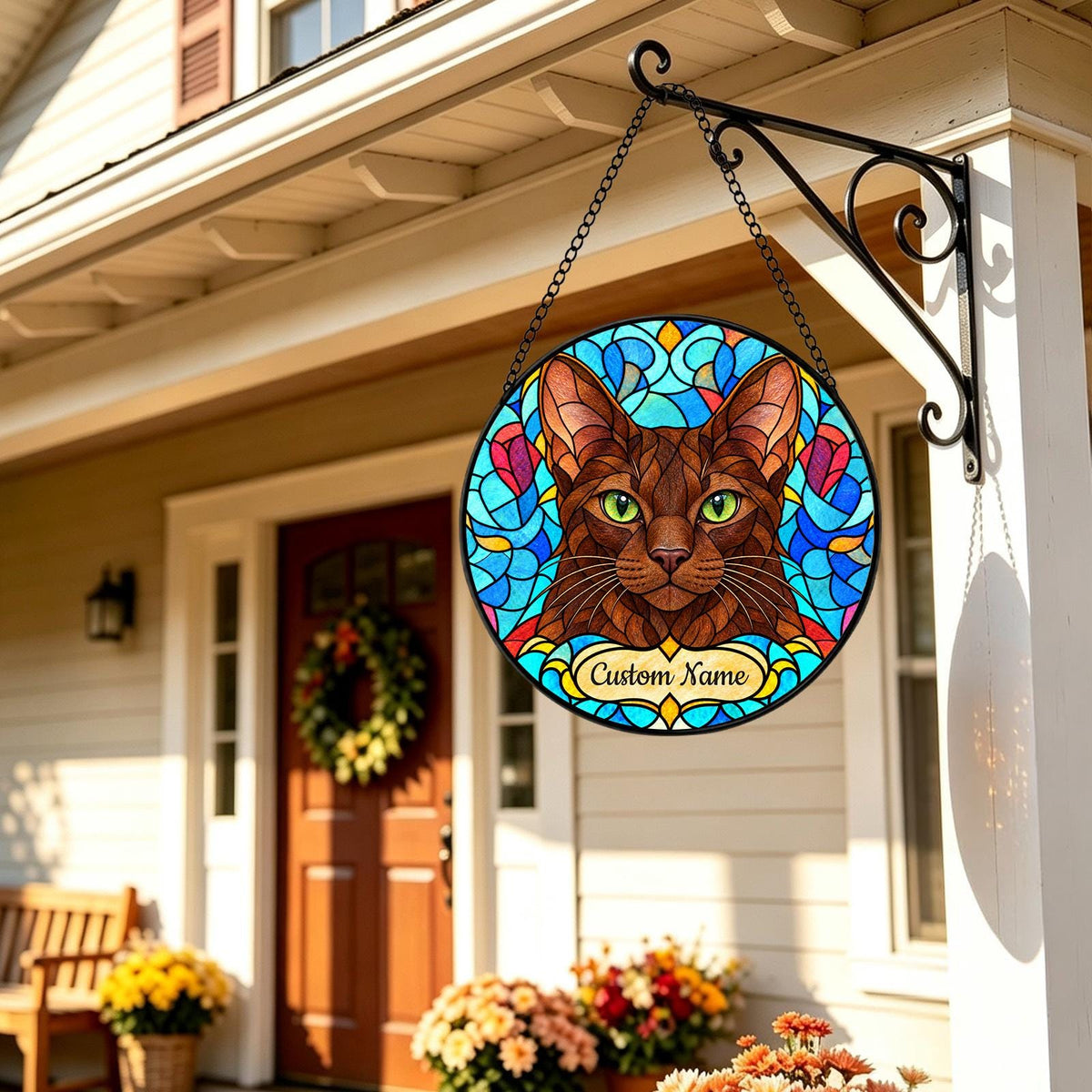 Personalized Havana Brown Cat Suncatcher, Custom Name, Floral Stained Glass Window Hanging