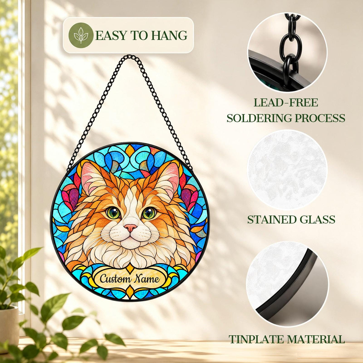 Personalized Ragamuffin Cat Suncatcher, Custom Name, Floral Stained Glass Window Hanging