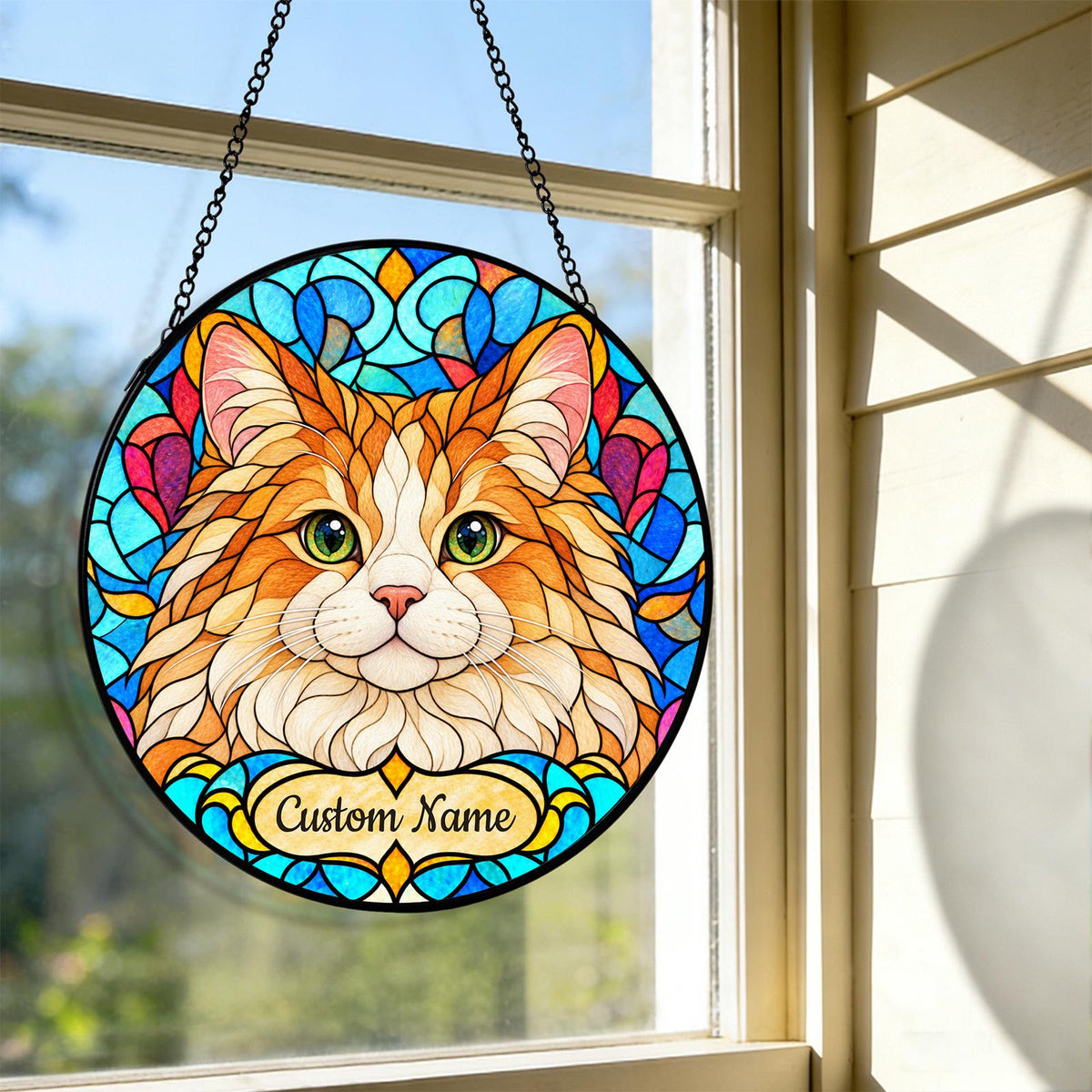 Personalized Ragamuffin Cat Suncatcher, Custom Name, Floral Stained Glass Window Hanging