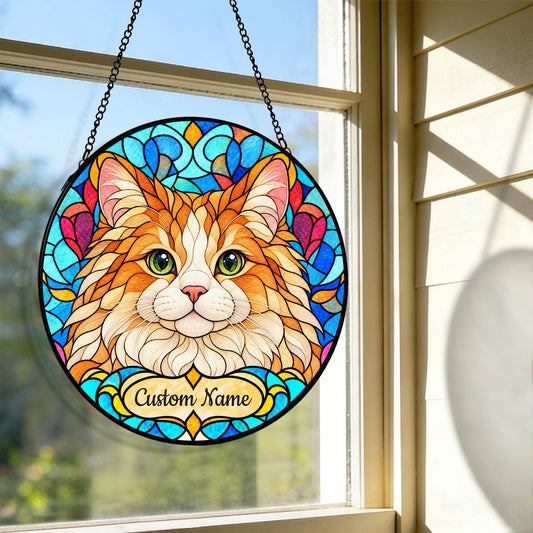 Personalized Ragamuffin Cat Suncatcher, Custom Name, Floral Stained Glass Window Hanging