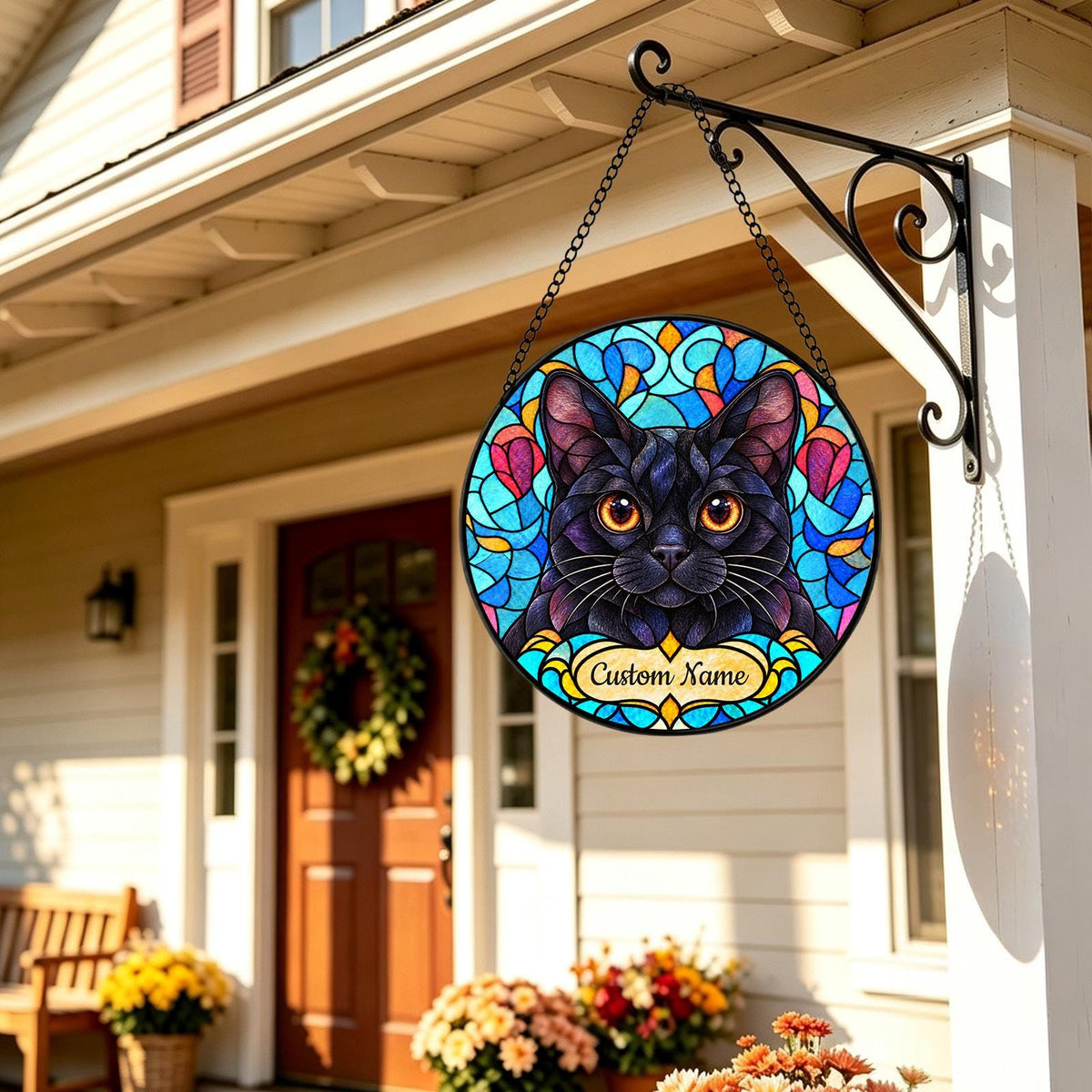 Personalized Bombay Cat Suncatcher, Custom Name, Floral Stained Glass Window Hanging