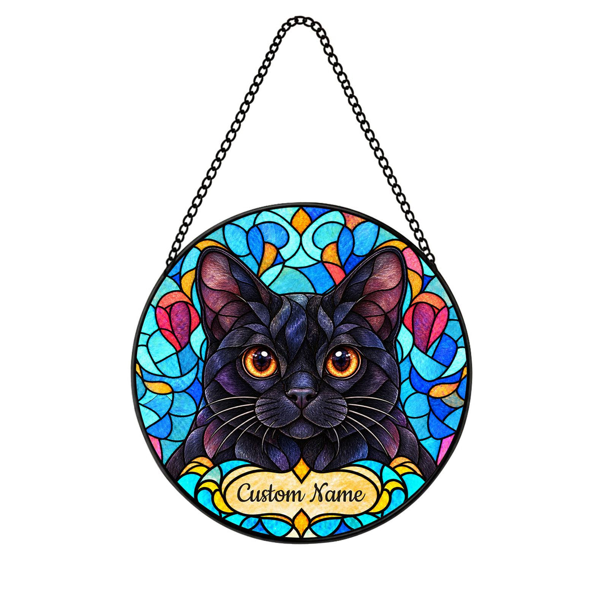 Personalized Bombay Cat Suncatcher, Custom Name, Floral Stained Glass Window Hanging