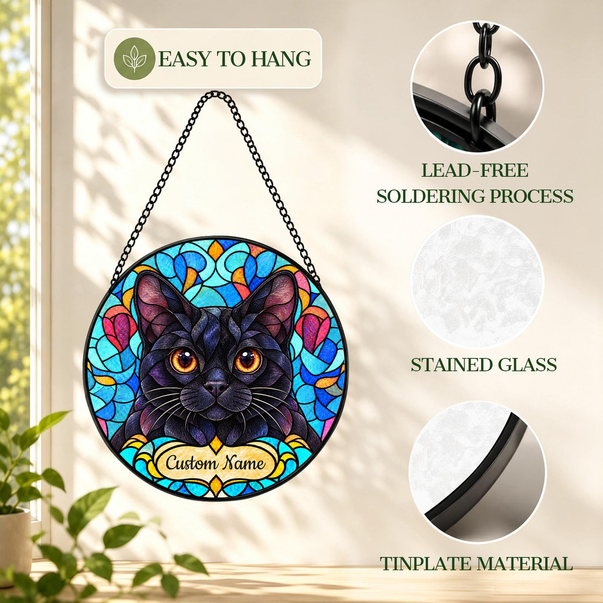 Personalized Bombay Cat Suncatcher, Custom Name, Floral Stained Glass Window Hanging
