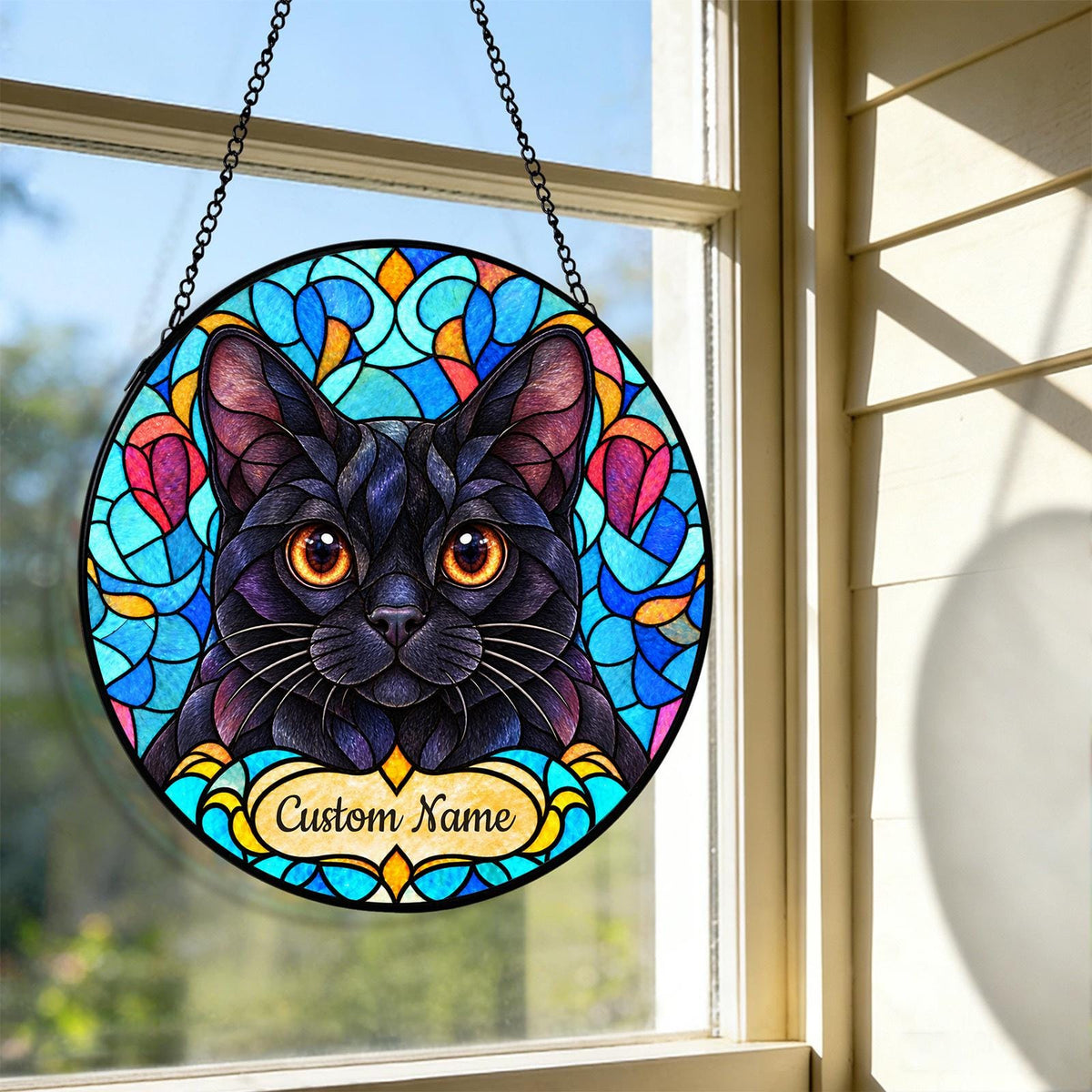 Personalized Bombay Cat Suncatcher, Custom Name, Floral Stained Glass Window Hanging