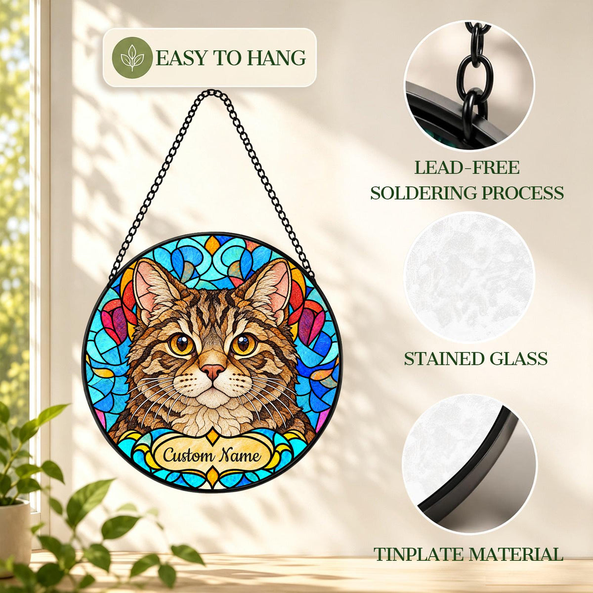 Personalized American Wirehair Cat Suncatcher, Custom Name, Floral Stained Glass Window Hanging