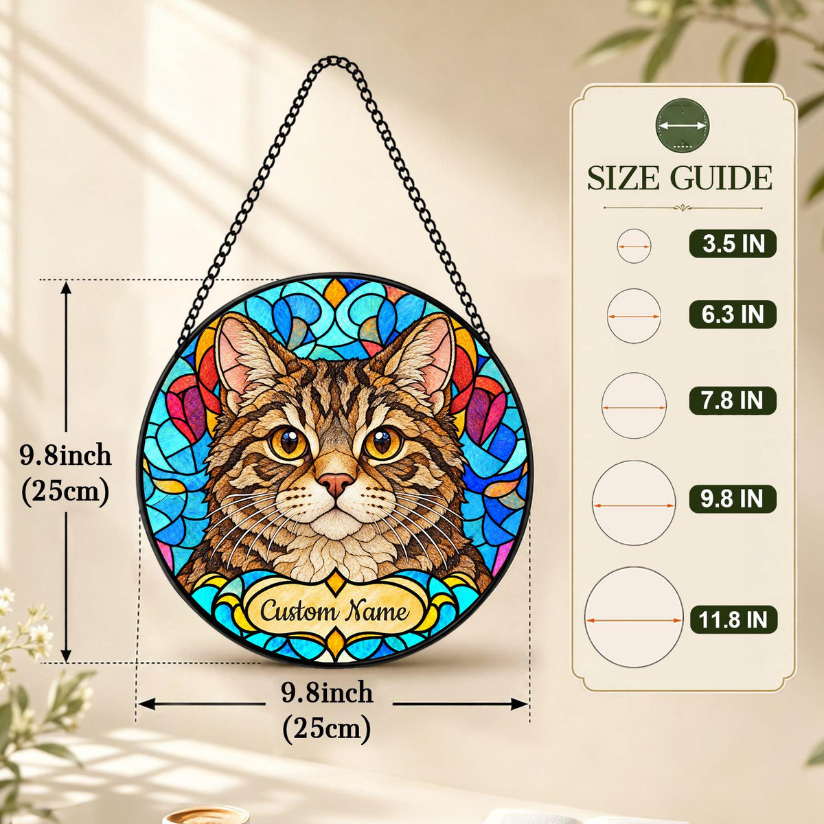 Personalized American Wirehair Cat Suncatcher, Custom Name, Floral Stained Glass Window Hanging