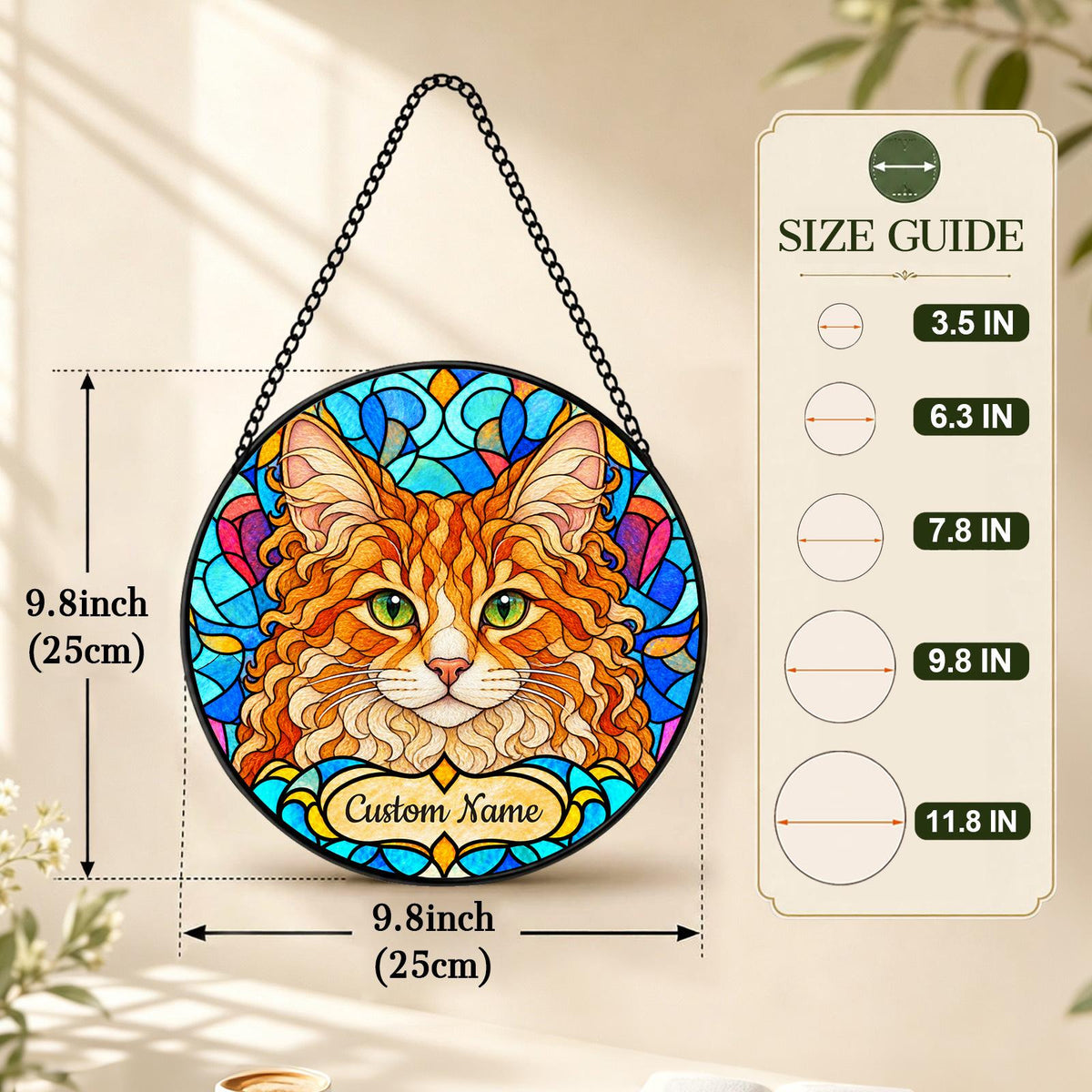 Personalized LaPerm Cat Suncatcher, Custom Name, Floral Stained Glass Window Hanging