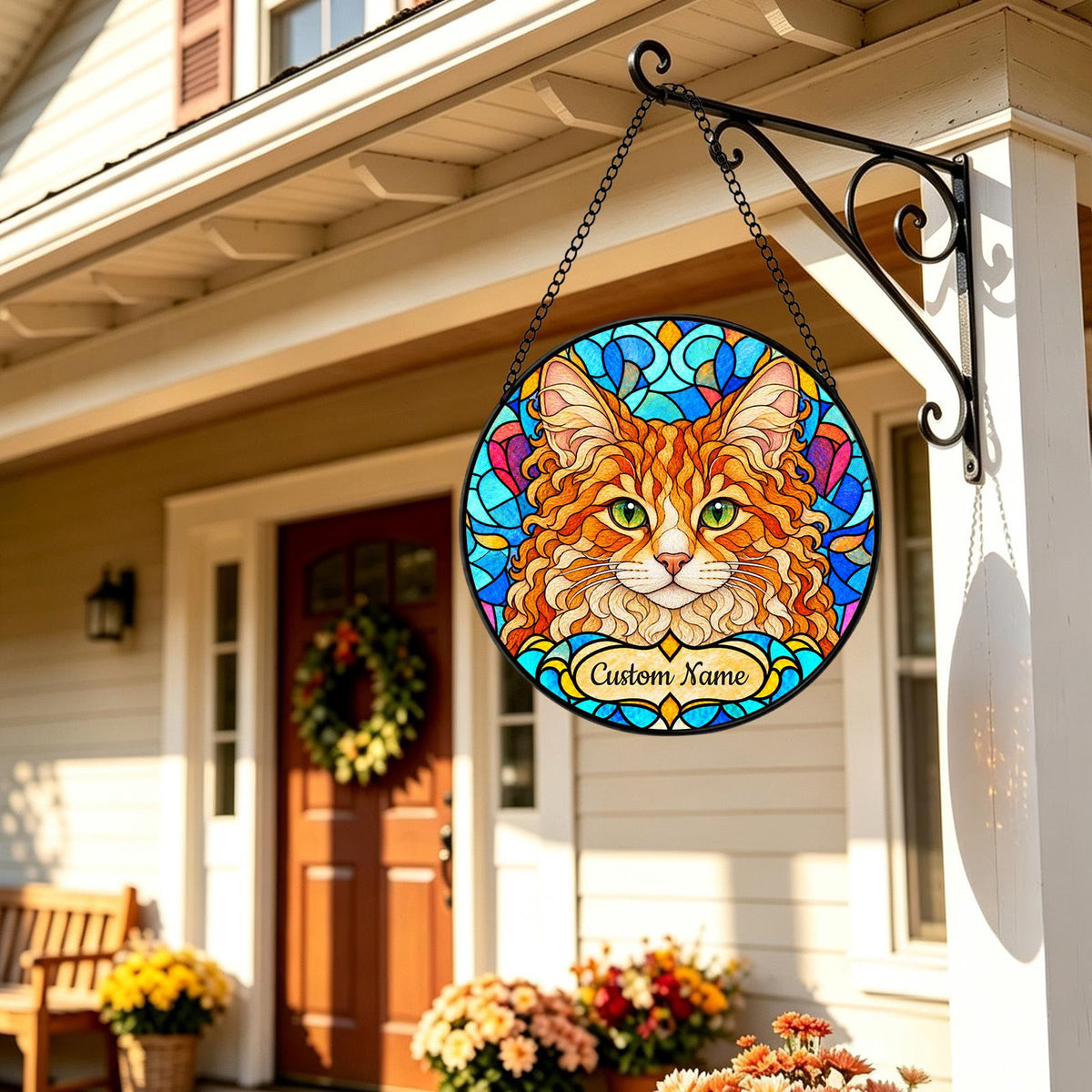 Personalized LaPerm Cat Suncatcher, Custom Name, Floral Stained Glass Window Hanging