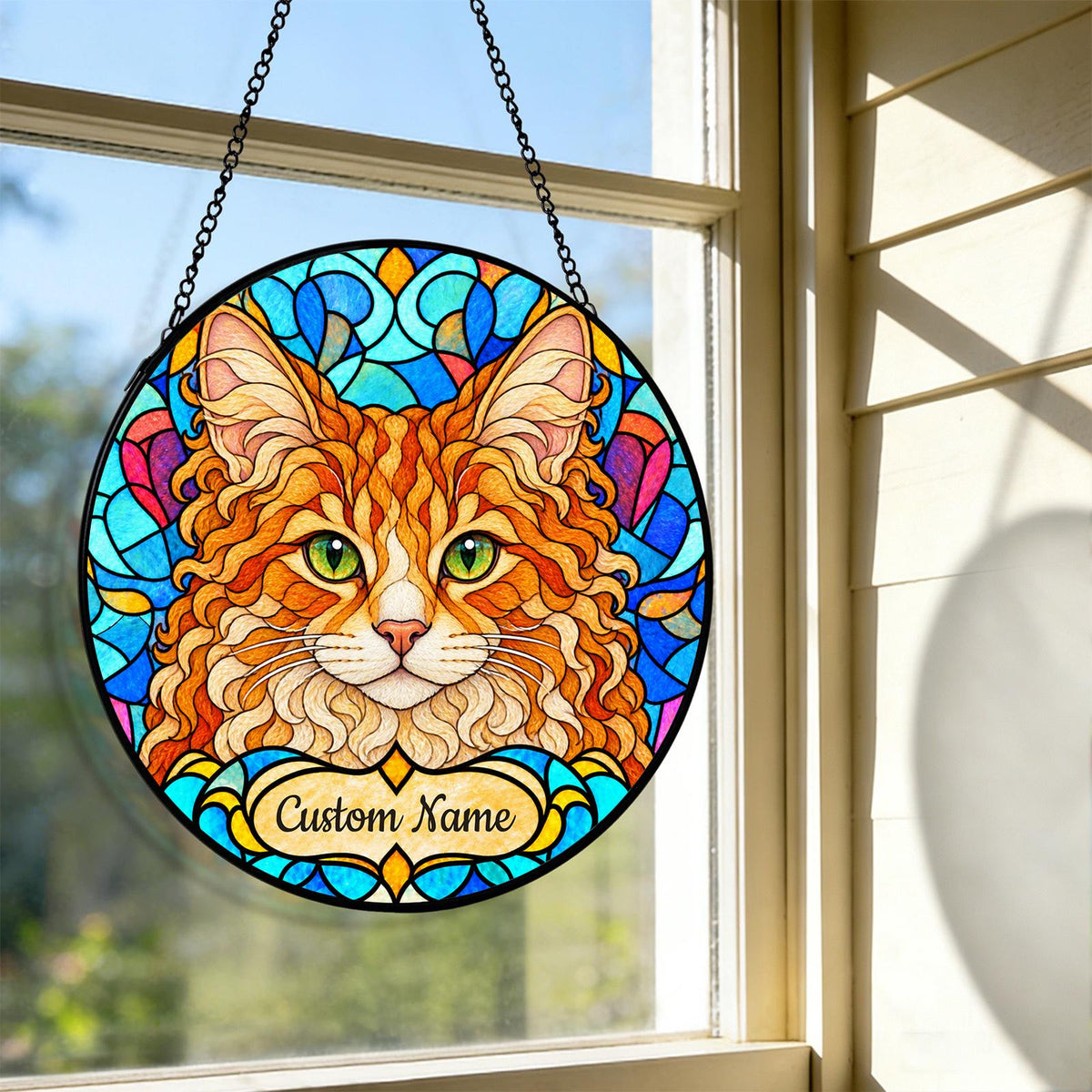 Personalized LaPerm Cat Suncatcher, Custom Name, Floral Stained Glass Window Hanging