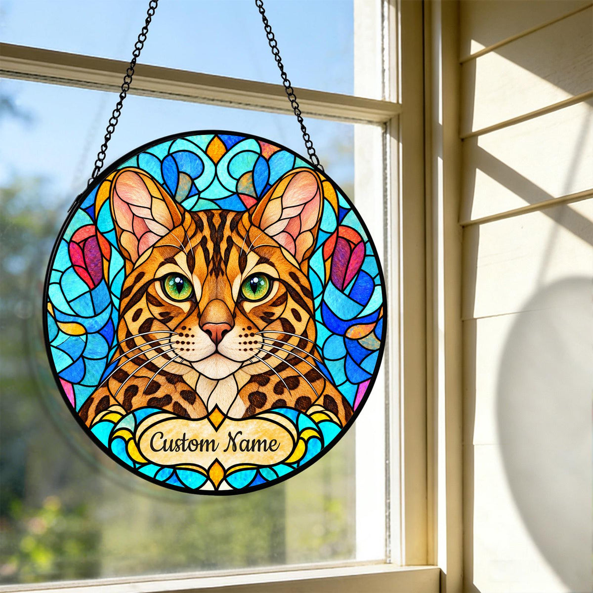 Personalized Bengal Cat Suncatcher, Custom Name, Floral Stained Glass Window Hanging