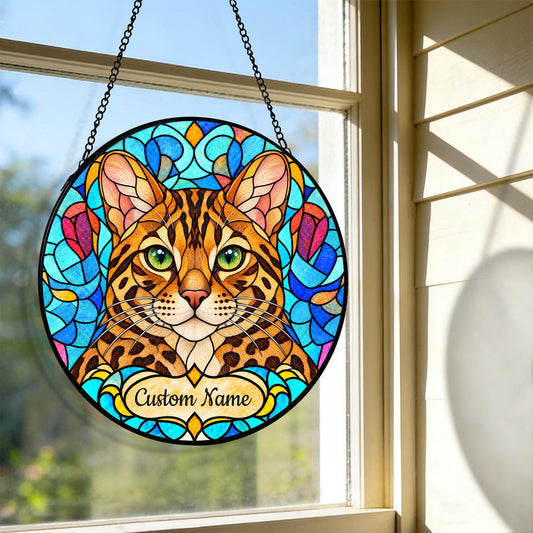 Personalized Bengal Cat Suncatcher, Custom Name, Floral Stained Glass Window Hanging