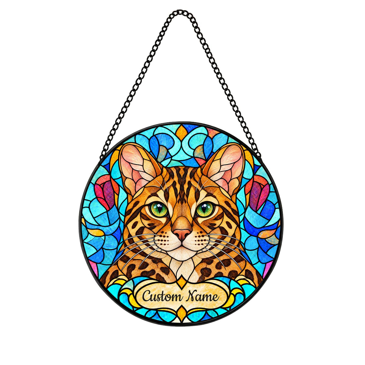 Personalized Bengal Cat Suncatcher, Custom Name, Floral Stained Glass Window Hanging