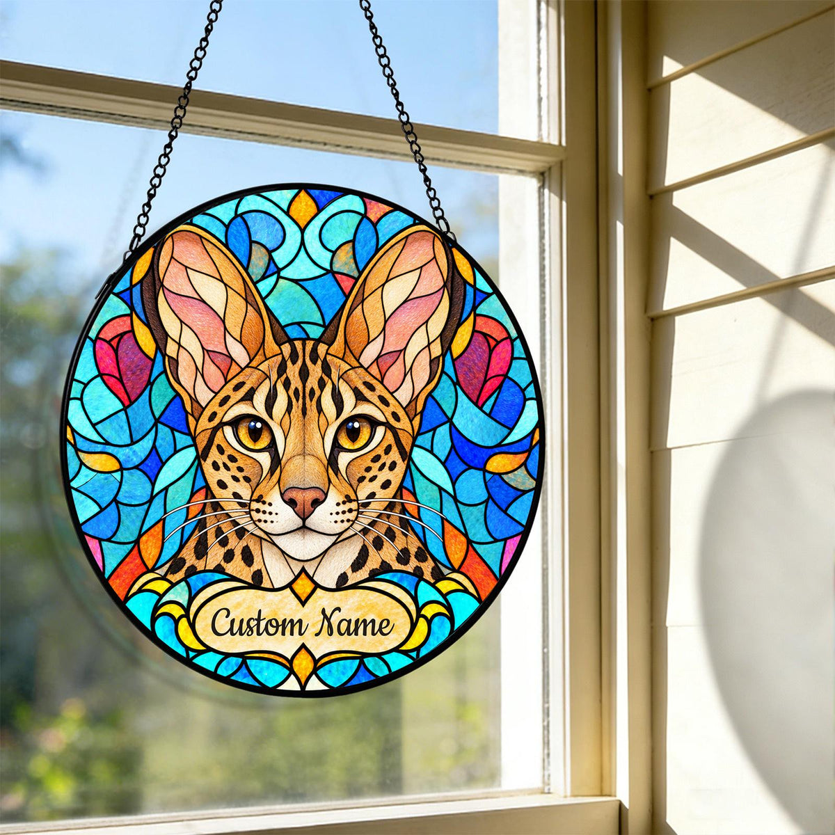 Personalized Savannah Cat Suncatcher, Custom Name, Floral Stained Glass Window Hanging
