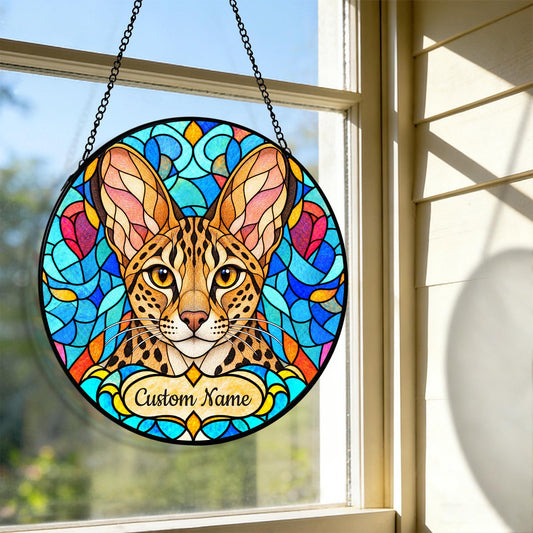 Personalized Savannah Cat Suncatcher, Custom Name, Floral Stained Glass Window Hanging