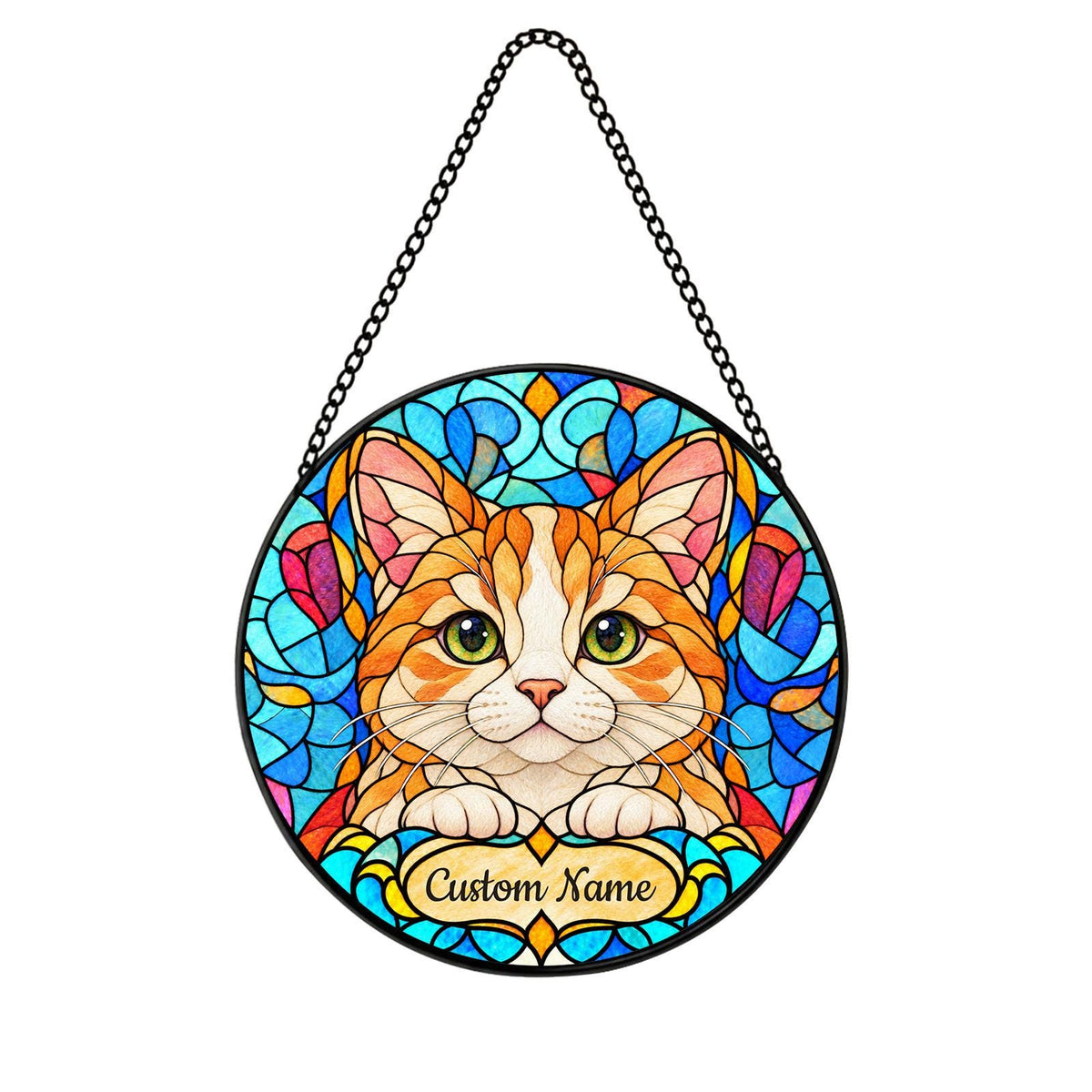 Personalized Munchkin Cat Suncatcher, Custom Name, Floral Stained Glass Window Hanging