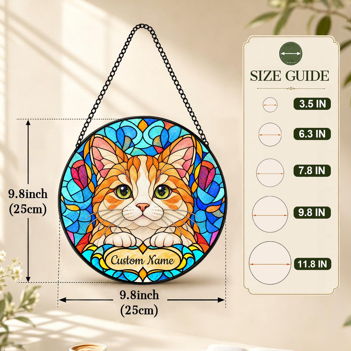 Personalized Munchkin Cat Suncatcher, Custom Name, Floral Stained Glass Window Hanging