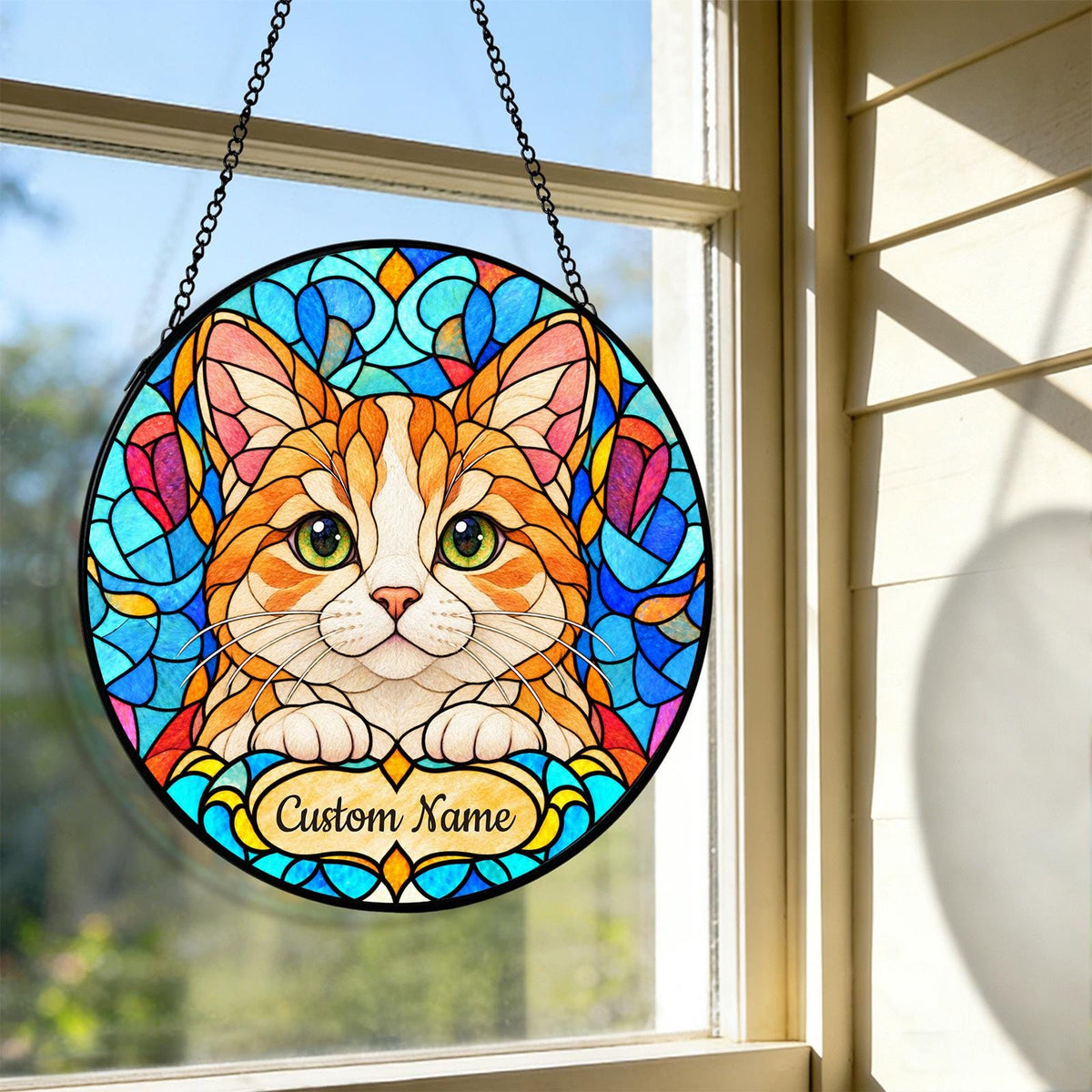 Personalized Munchkin Cat Suncatcher, Custom Name, Floral Stained Glass Window Hanging