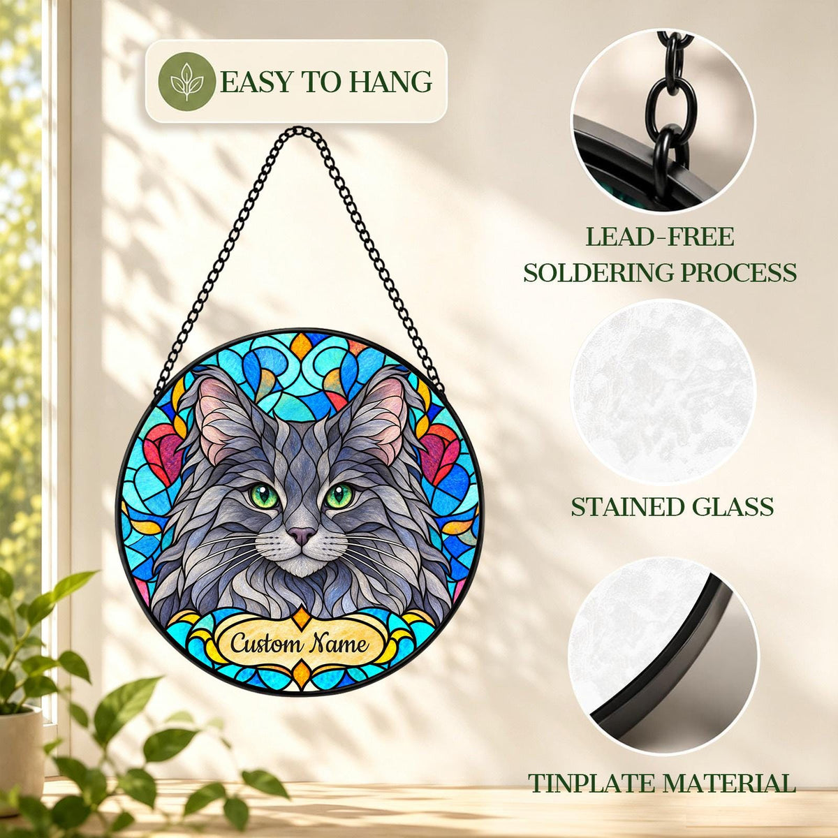Personalized Nebelung Cat Suncatcher, Custom Name, Floral Stained Glass Window Hanging
