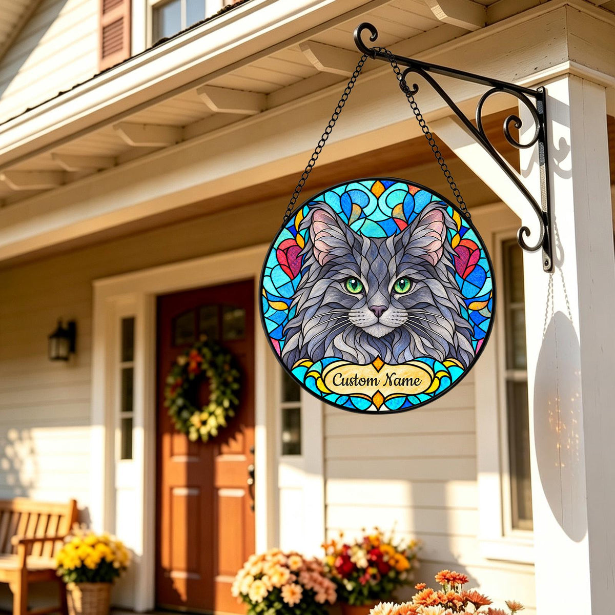 Personalized Nebelung Cat Suncatcher, Custom Name, Floral Stained Glass Window Hanging