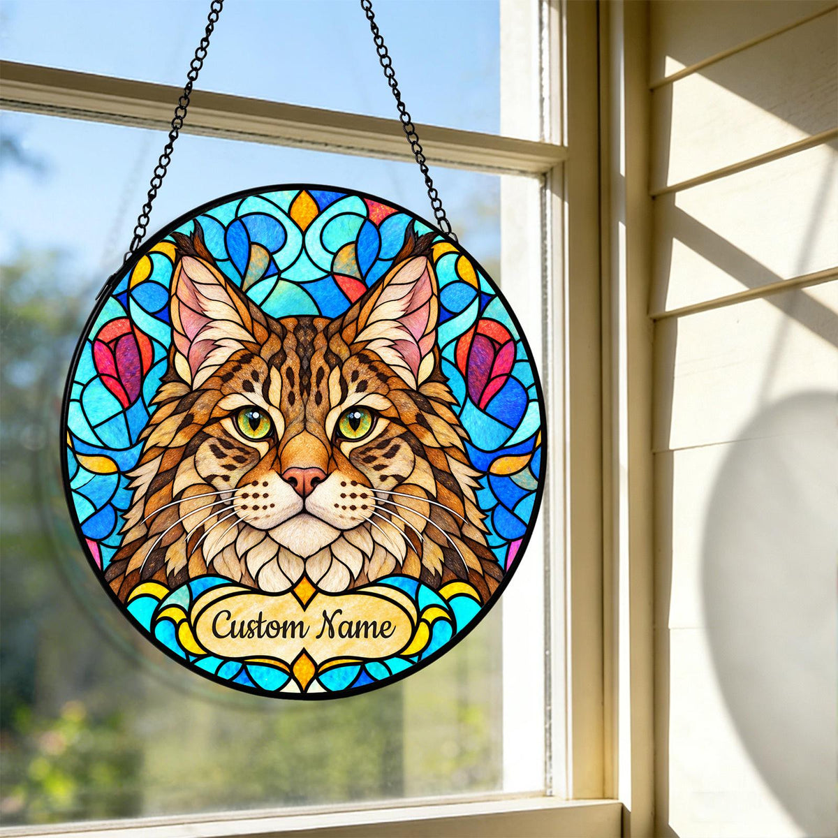 Personalized Pixie-bob Cat Suncatcher, Custom Name, Floral Stained Glass Window Hanging