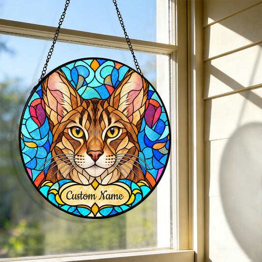 Personalized Chausie Cat Suncatcher, Custom Name, Floral Stained Glass Window Hanging