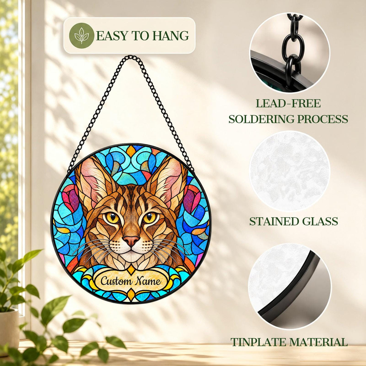 Personalized Chausie Cat Suncatcher, Custom Name, Floral Stained Glass Window Hanging