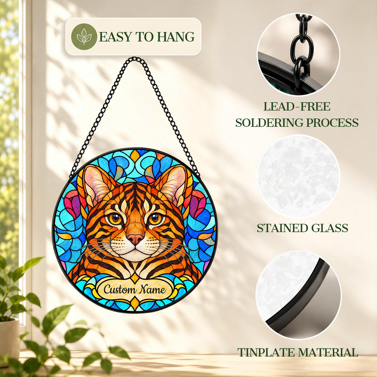 Personalized Toyger Cat Suncatcher, Custom Name, Floral Stained Glass Window Hanging