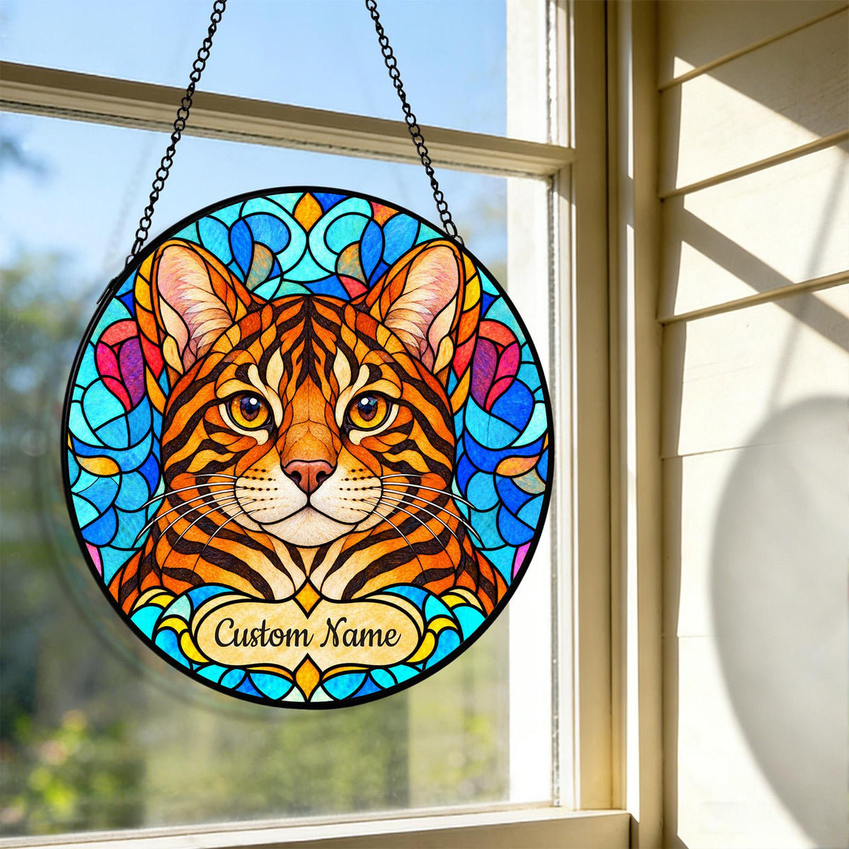 Personalized Toyger Cat Suncatcher, Custom Name, Floral Stained Glass Window Hanging