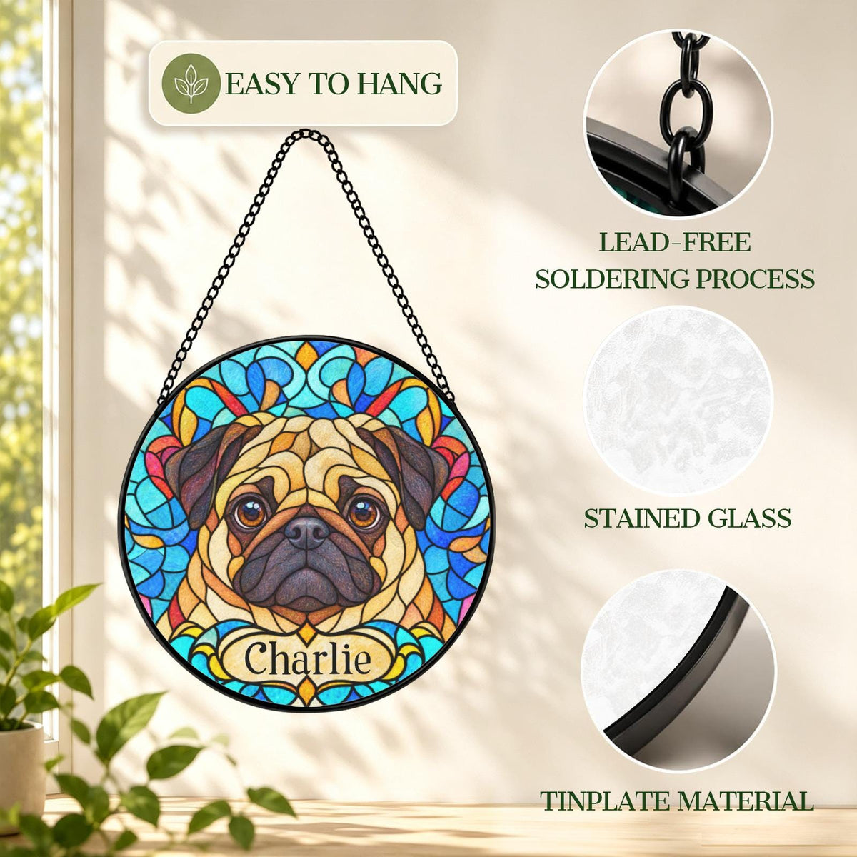 Personalized Pug Suncatcher Custom Name Pet Suncatcher Window Hanging