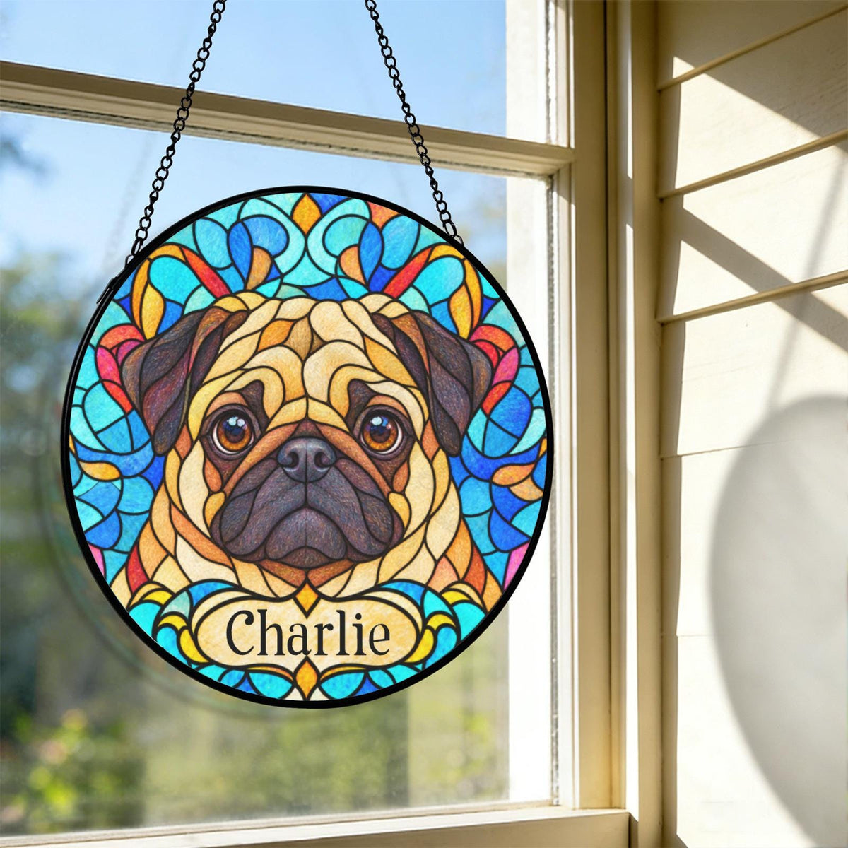 Personalized Pug Suncatcher Custom Name Pet Suncatcher Window Hanging