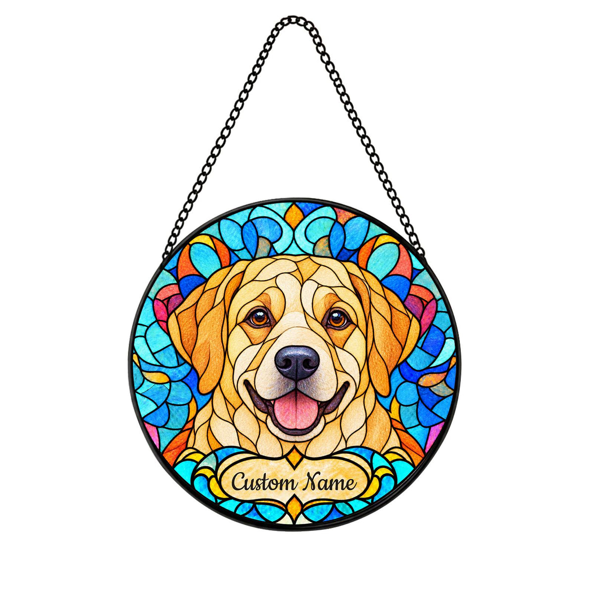 Personalized Labrador Retriever Suncatcher, Custom Name, Floral Stained Glass Window Hanging