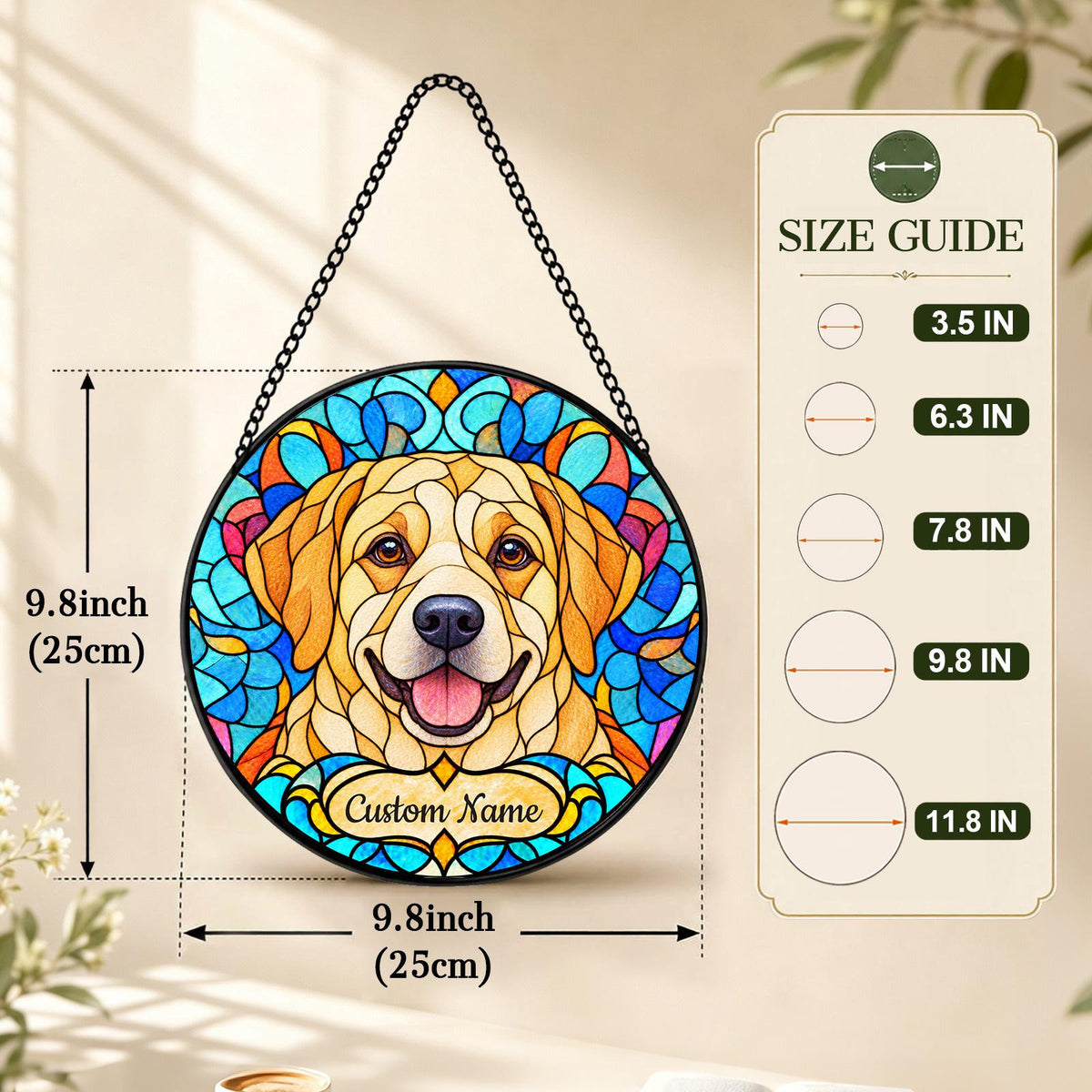 Personalized Labrador Retriever Suncatcher, Custom Name, Floral Stained Glass Window Hanging