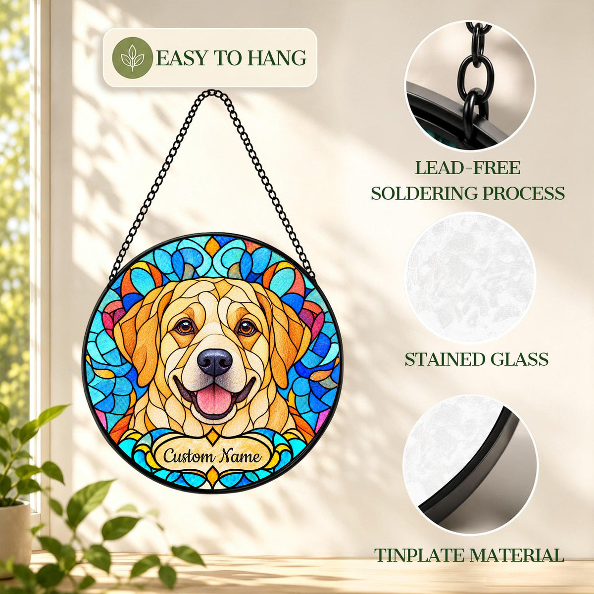 Personalized Labrador Retriever Suncatcher, Custom Name, Floral Stained Glass Window Hanging