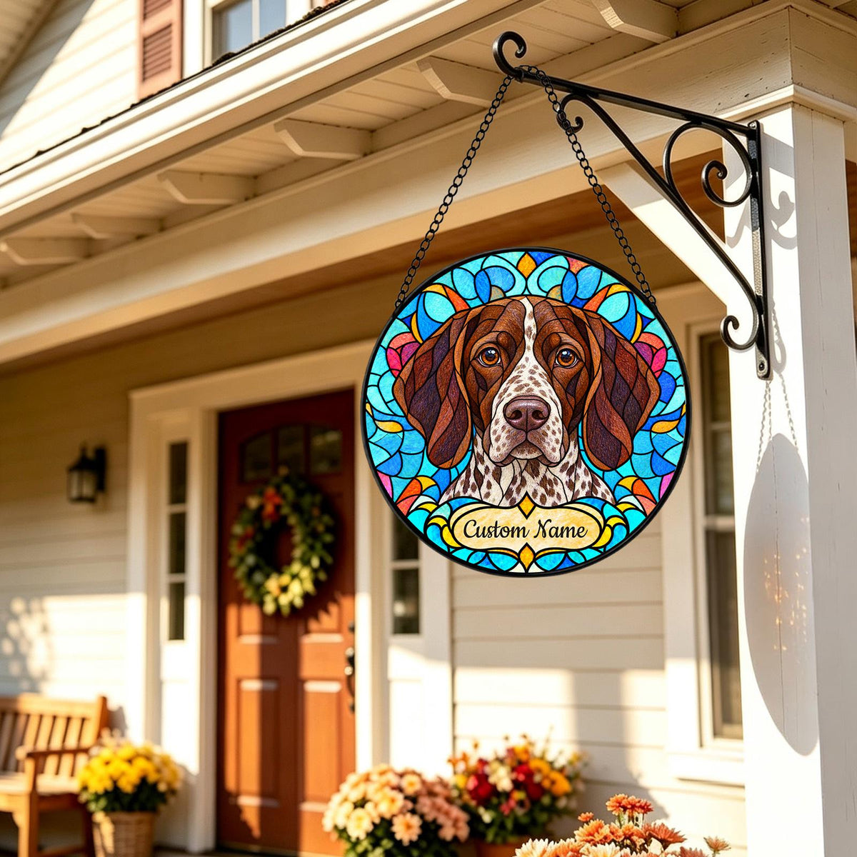 Personalized German Shorthaired Pointer Suncatcher, Custom Name, Floral Stained Glass Window Hanging