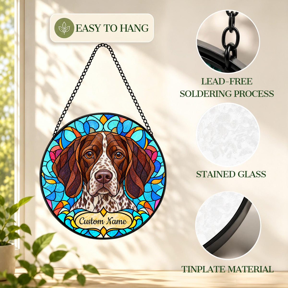 Personalized German Shorthaired Pointer Suncatcher, Custom Name, Floral Stained Glass Window Hanging