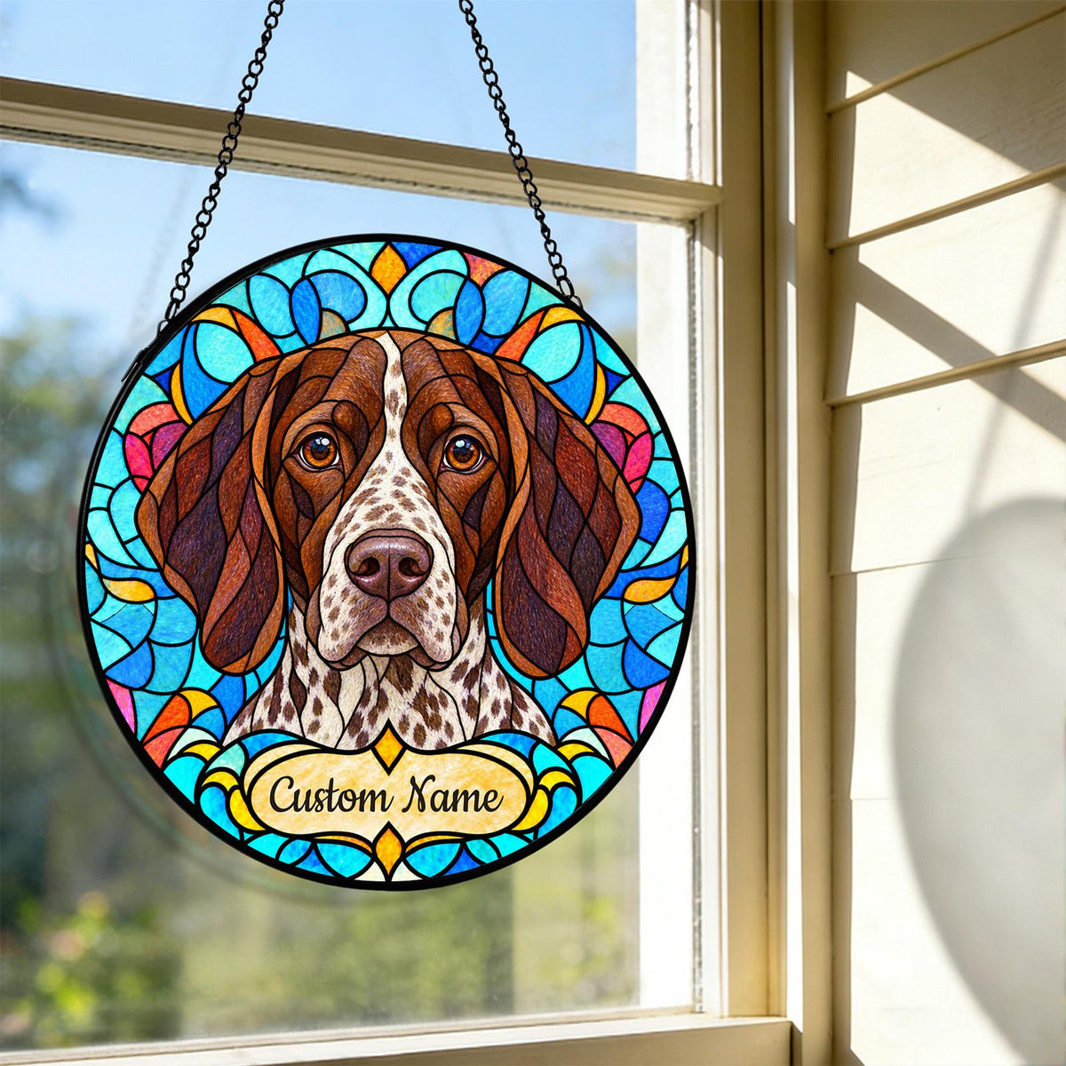 Personalized German Shorthaired Pointer Suncatcher, Custom Name, Floral Stained Glass Window Hanging