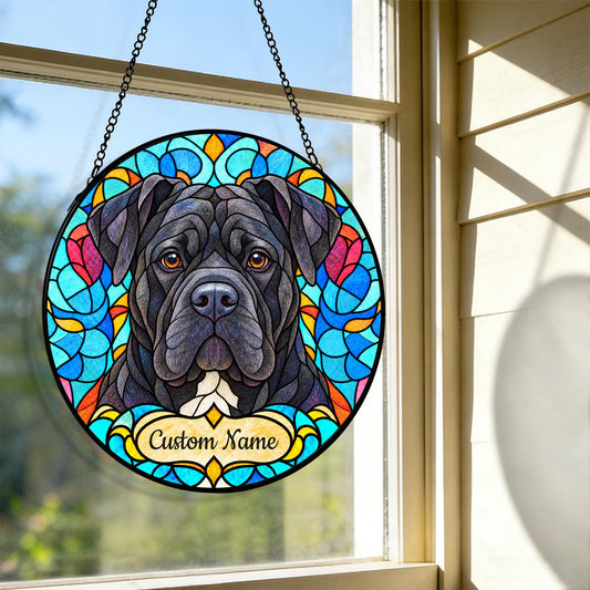 Personalized Cane Corso Suncatcher, Custom Name, Floral Stained Glass Window Hanging