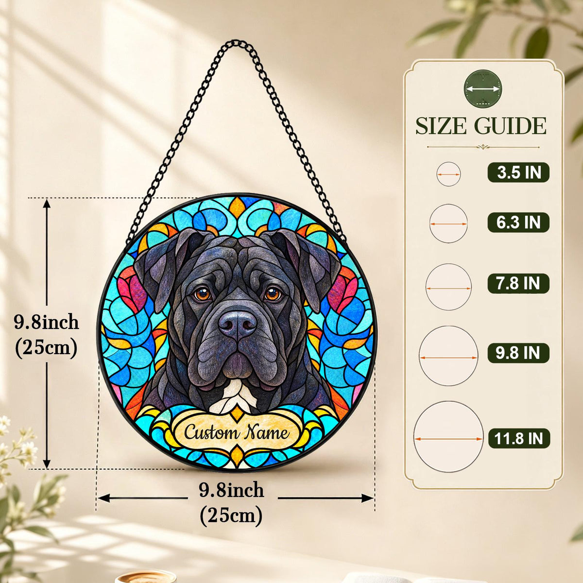 Personalized Cane Corso Suncatcher, Custom Name, Floral Stained Glass Window Hanging