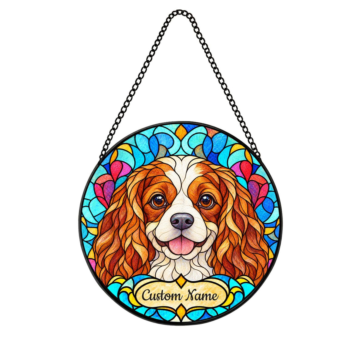 Personalized Cavalier King Charles Spaniel Suncatcher, Custom Name, Floral Stained Glass Window Hanging