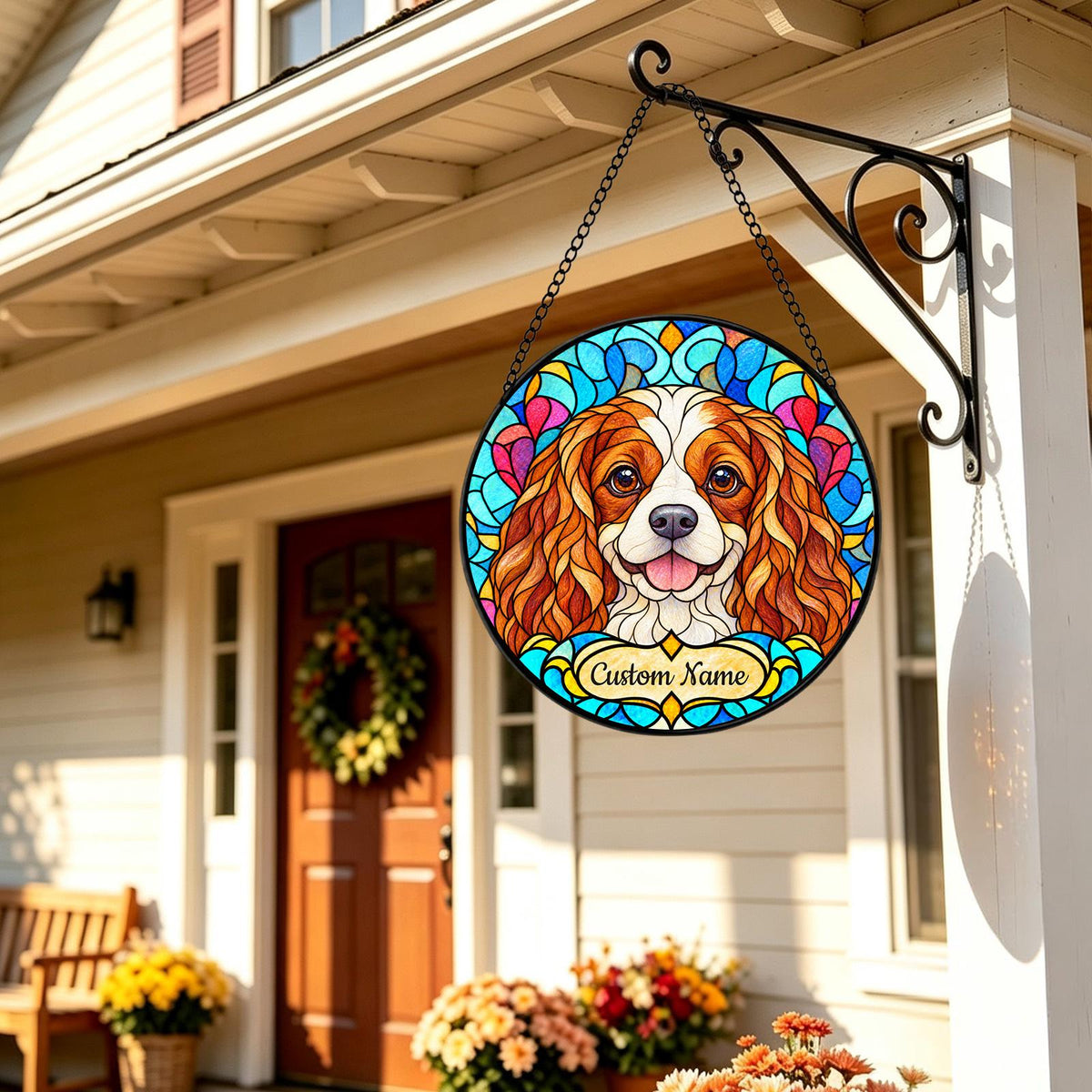 Personalized Cavalier King Charles Spaniel Suncatcher, Custom Name, Floral Stained Glass Window Hanging