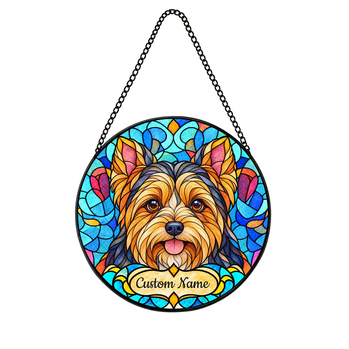 Personalized Yorkshire Terrier Suncatcher, Custom Name, Floral Stained Glass Window Hanging