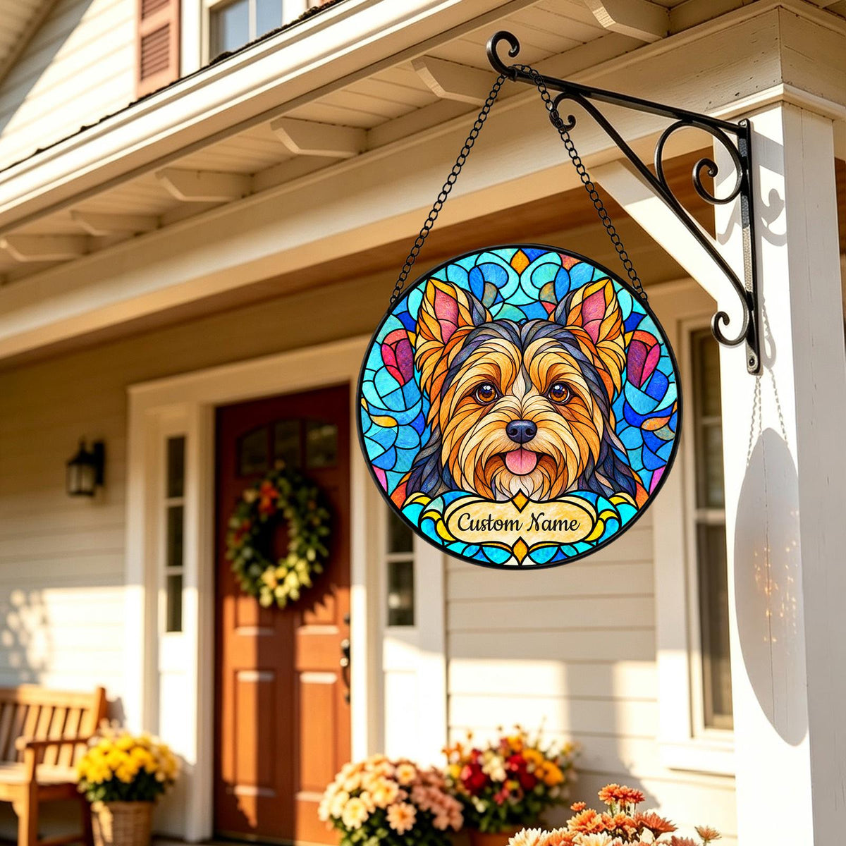 Personalized Yorkshire Terrier Suncatcher, Custom Name, Floral Stained Glass Window Hanging