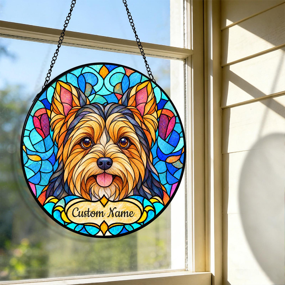 Personalized Yorkshire Terrier Suncatcher, Custom Name, Floral Stained Glass Window Hanging