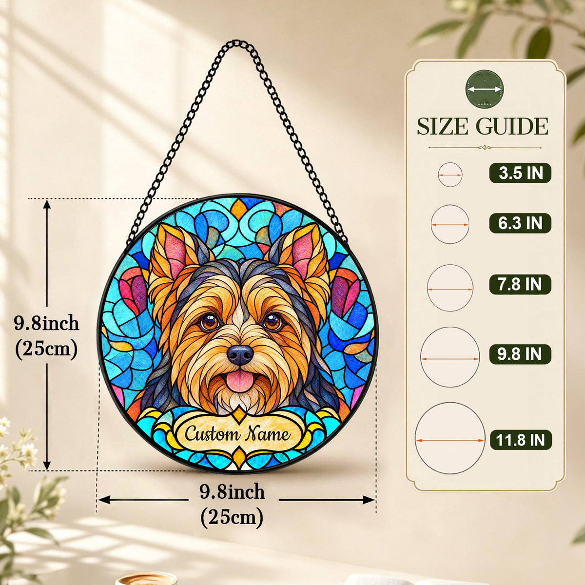 Personalized Yorkshire Terrier Suncatcher, Custom Name, Floral Stained Glass Window Hanging