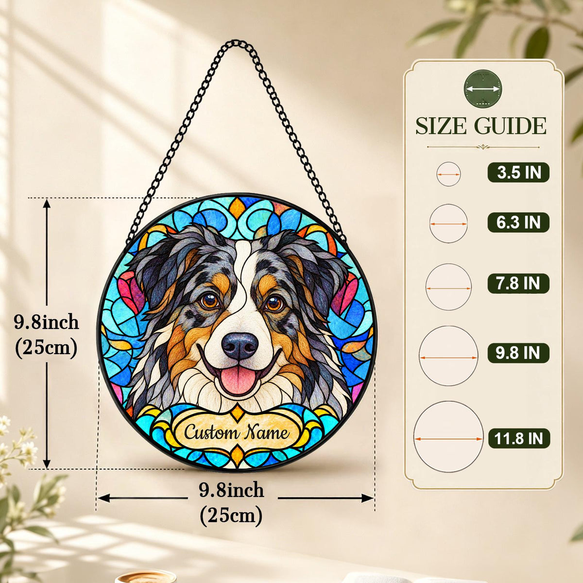 Personalized Australian Shepherd Suncatcher, Custom Name, Floral Stained Glass Window Hanging