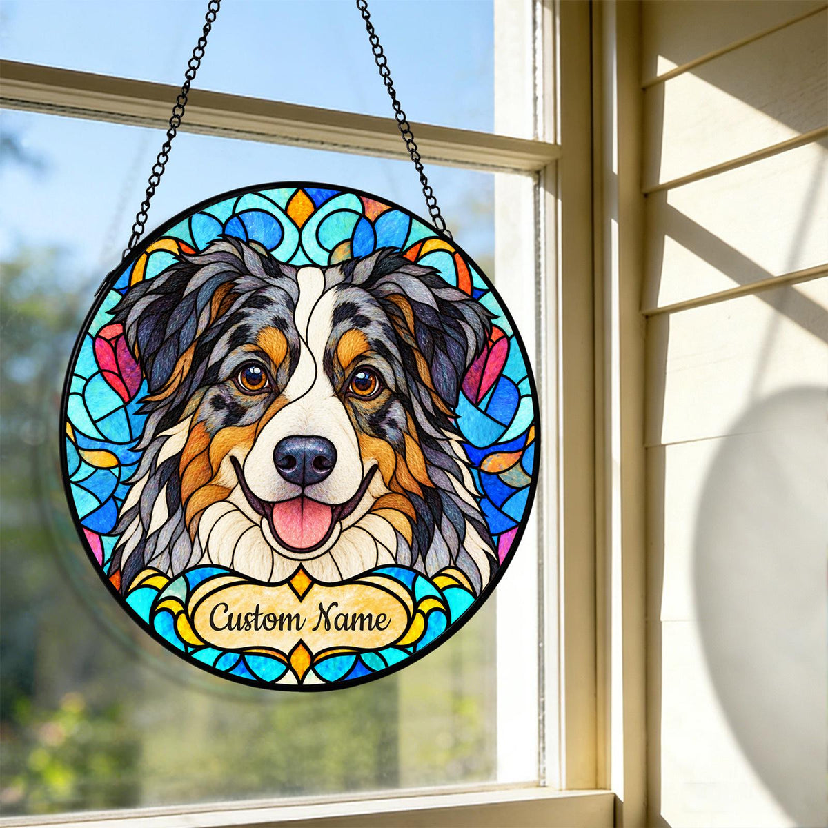 Personalized Australian Shepherd Suncatcher, Custom Name, Floral Stained Glass Window Hanging